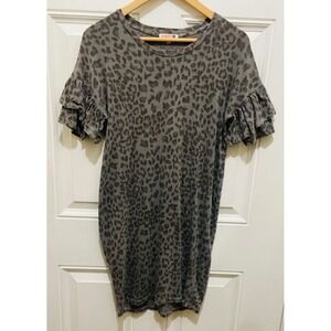 Sundry Women's Gray Leopard Print Ruffle Sleeve T-Shirt‎ Dress